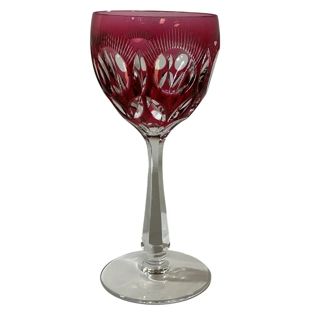 Vintage Cranberry Cut to Clear Crystal Wine Goblet Ruby Red Faceted Stem 7.75